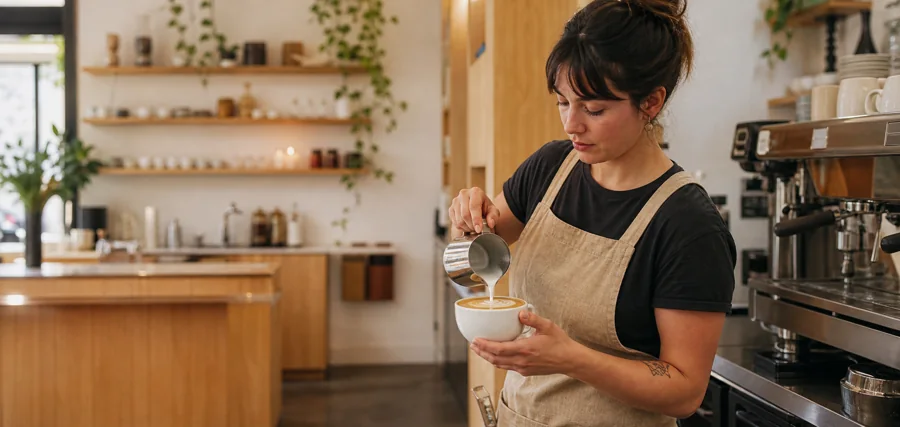 Coffee shop owner making a latte behind the counter