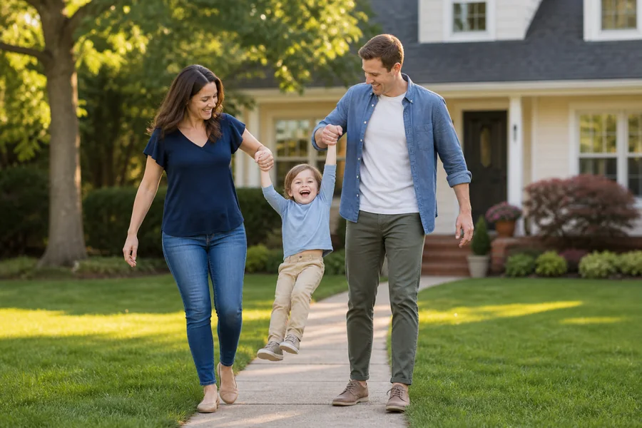 Parents swinging their laughing child by the hands in front of their home